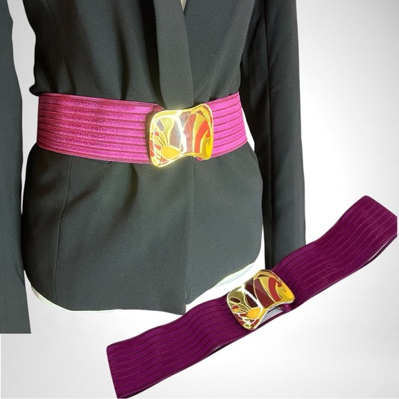 Vintage 80’s CHARMANT of Beverly Hills Elastic Belt with Gold Art Deco Buckle - Picture 1 of 4